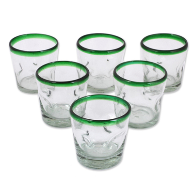 Set of 6 Authentic Recycled Glass Green Rim Rocks Glasses Mexican Glassware