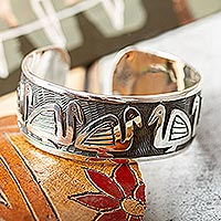Sterling silver cuff bracelet, 'Pre-Hispanic Ducks'