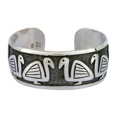 Sterling silver cuff bracelet, 'Pre-Hispanic Ducks' - Sterling silver cuff bracelet