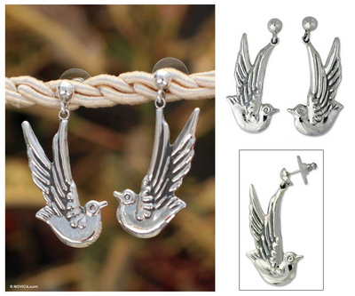 Sterling silver dangle earrings, 'Doves' Peace' - Silver Dangle Earrings Taxco Sterling 925 Handmade