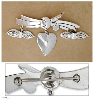 Sterling silver brooch pin, 'All-Seeing Heart' - Sterling silver brooch pin