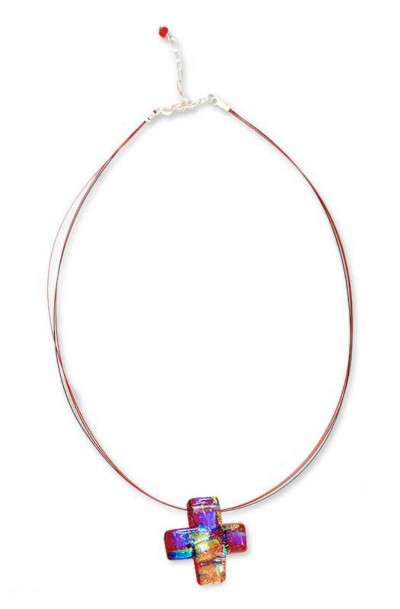Dichroic art glass cross necklace, 'Bright Cross' - Cross Pendant Necklace Dichroic Art Glass Handmade in Mexico