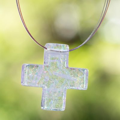 Dichroic art glass cross necklace, 'Cross of Light' - Hand Made Religious Cross Glass Pendant Necklace