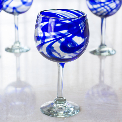 Handblown wine glasses, 'Blue Ribbon' (set of 6) - Handblown Eco-Friendly Wine Glasses with Blue Hue (Set of 6)