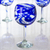 Wine glasses, 'Blue Ribbon' (large, set of 6) - Handblown Recycled Glass Striped Wine Goblets Set of 6 (image 2b) thumbail