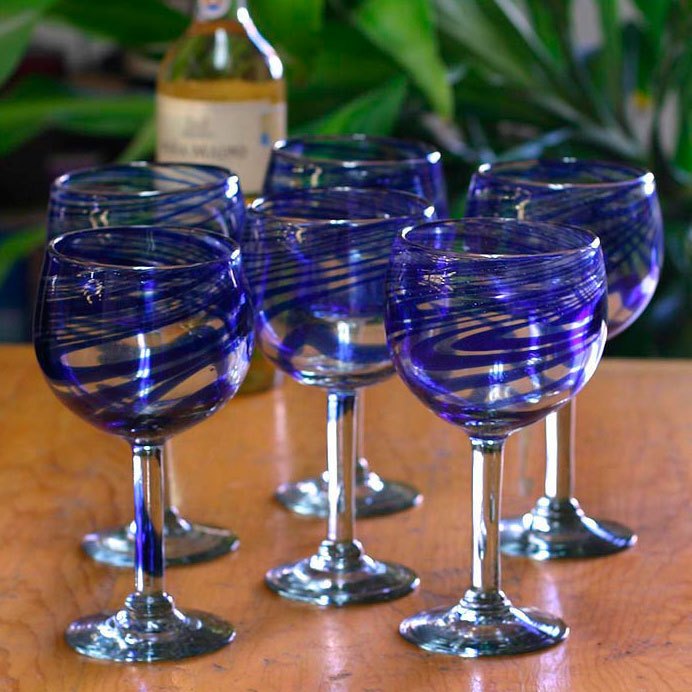 Handblown EcoFriendly Wine Glasses with Blue Hue (Set of 6) Blue