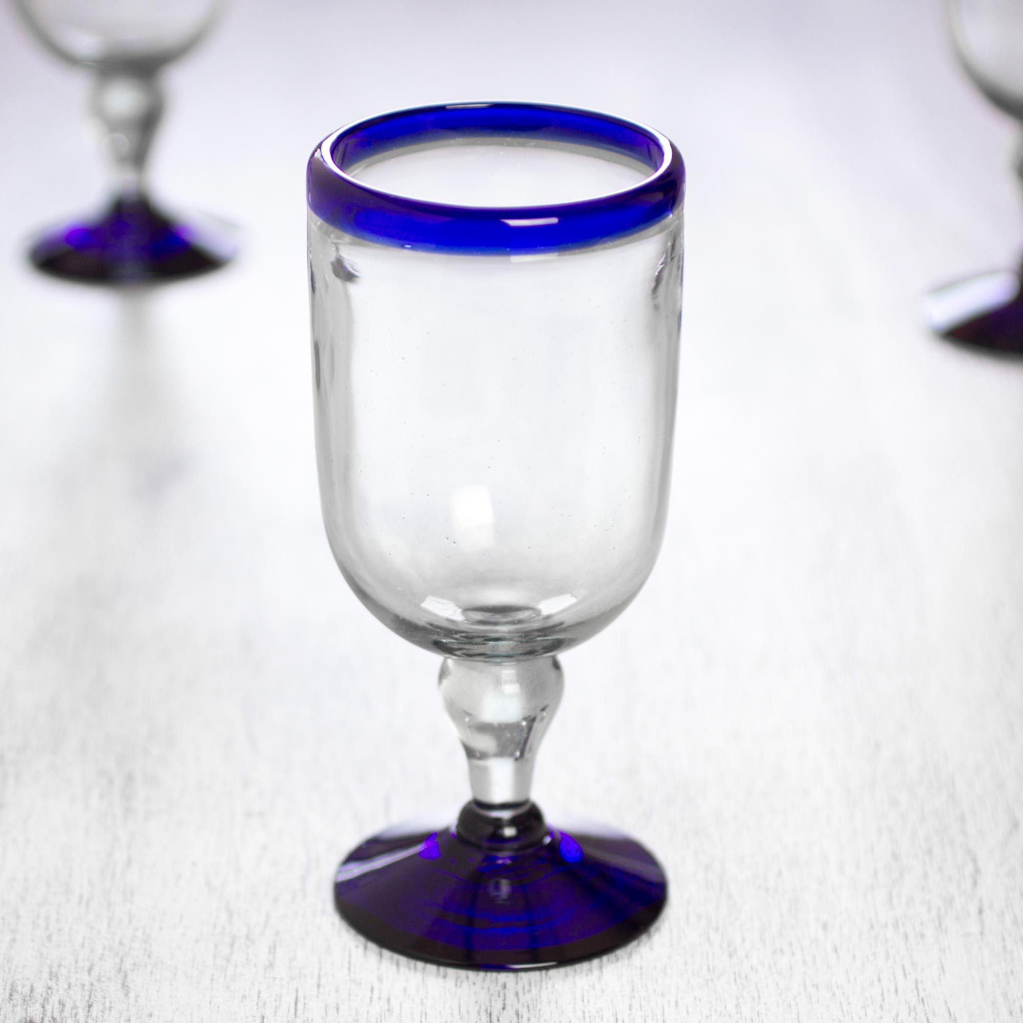 Handblown Blue Rim Wine Glasses from Mexico (Set of 6) Cobalt Joy