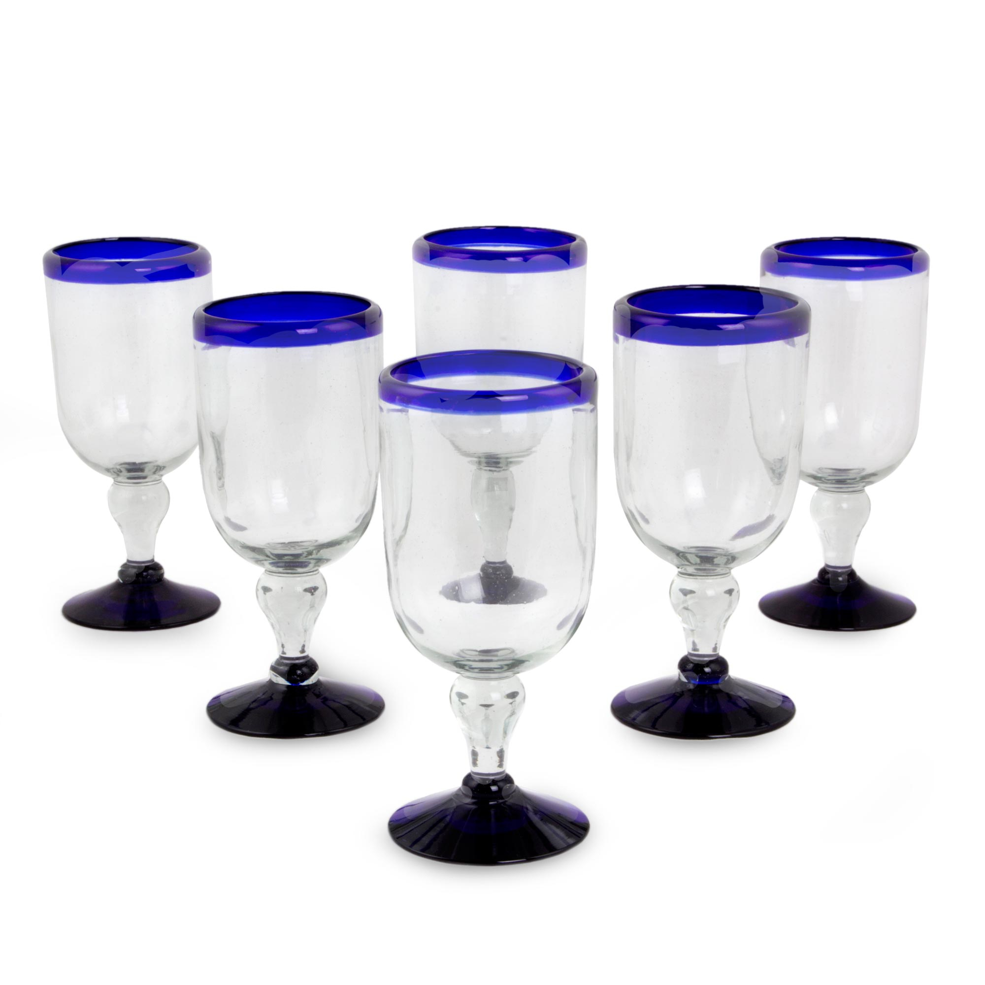 Handblown Blue Rim Wine Glasses From Mexico Set Of 6 Cobalt Joy Novica