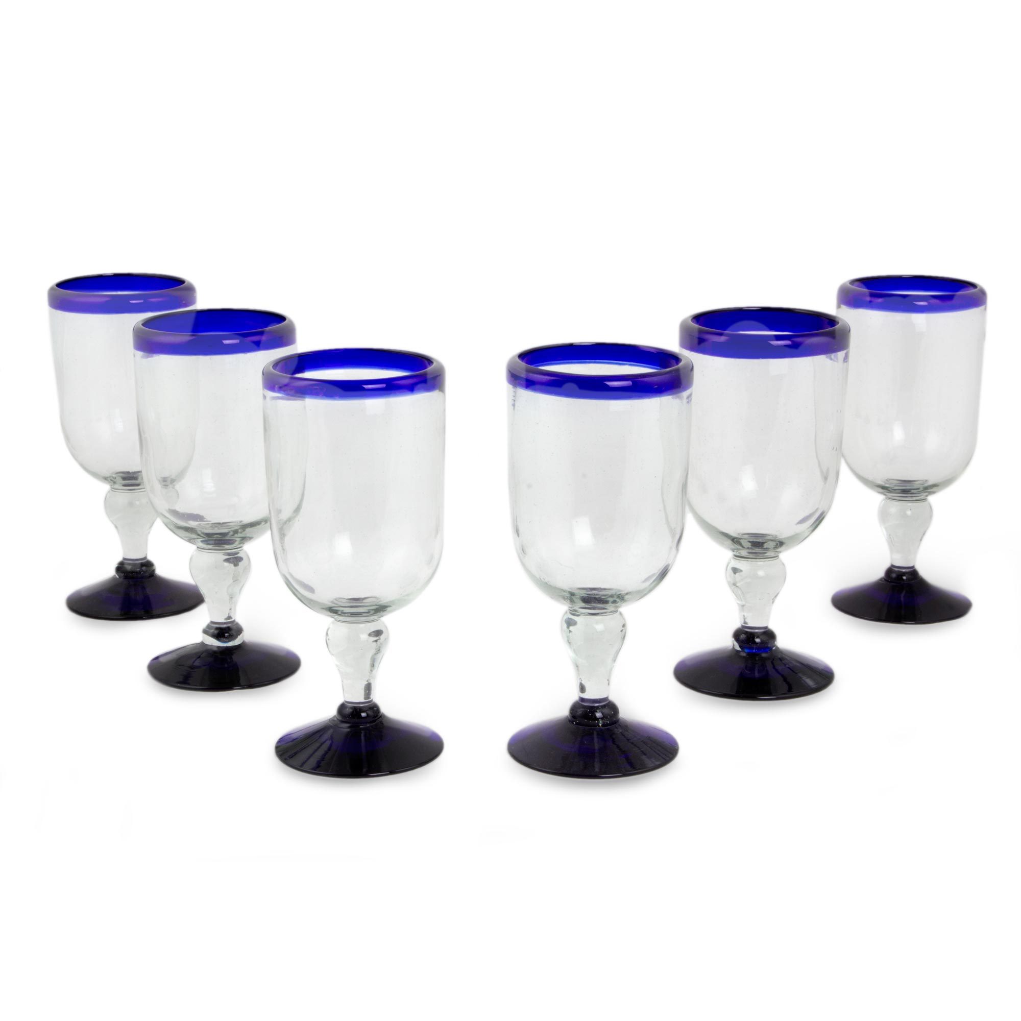 Handblown Blue Rim Wine Glasses from Mexico (Set of 6) Cobalt Joy
