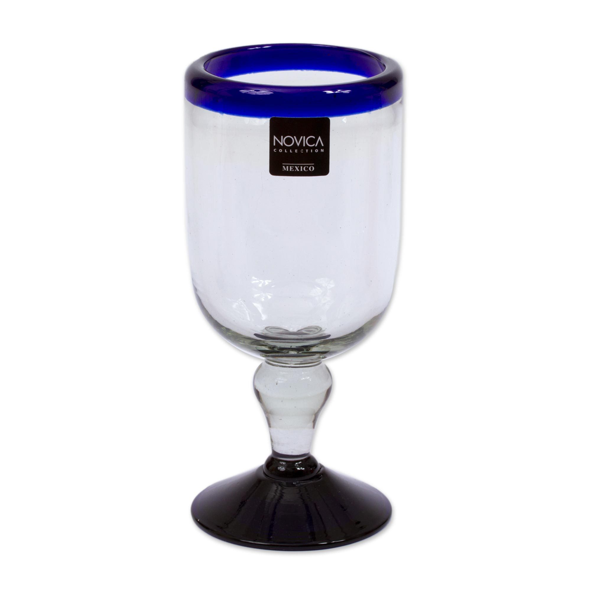 Handblown Blue Rim Wine Glasses from Mexico (Set of 6) Cobalt Joy