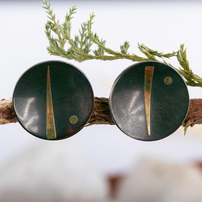 Sterling silver button earrings, 'Cosmic Chic' - Modern Gold Accented Silver Button Earrings