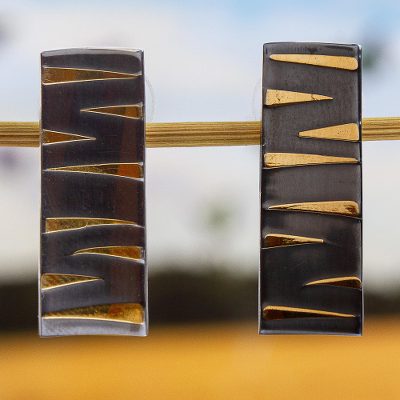Gold accented sterling silver drop earrings, 'Golden Tiger' - 24k Gold Accent Modern Sterling Silver Drop Earrings