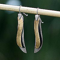 Sterling silver dangle earrings, 'Nature's Contrasts' - Sterling Silver Gold Plated Leaf Fair Trade Earrings 