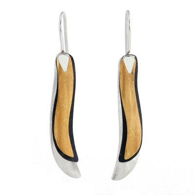 Sterling silver dangle earrings, 'Nature's Contrasts' - Mexican Sterling Silver Gold Plated Leaf Earrings