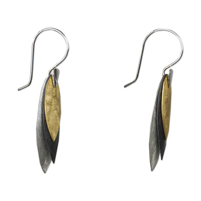 Sterling silver dangle earrings, 'Turning Leaves' - Modern Silver Earrings with 22k Gold from Mexico