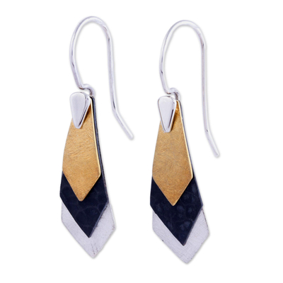 Sterling silver dangle earrings, 'Geometrical Riddles' - Modern Gold Accent Dangle Earrings