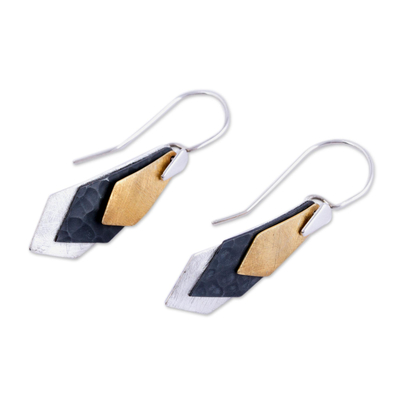 Sterling silver dangle earrings, 'Geometrical Riddles' - Modern Gold Accent Dangle Earrings