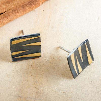 Sterling silver button earrings, 'Golden Tiger' - Hand Crafted Mexican Modern Sterling Silver Button Earrings