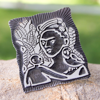 Sterling silver brooch pin pendant, 'Self-Portrait with Monkey' (medium) - Sterling silver brooch pin pendant (Medium)