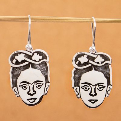 Sterling silver dangle earrings, 'Frida Kahlo Portrait' - Unique Taxco Silver Frida Kahlo Portrait Earrings