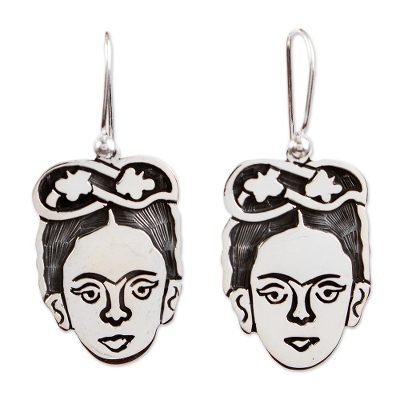 Sterling silver dangle earrings, 'Frida Kahlo Portrait' - Unique Taxco Silver Frida Kahlo Portrait Earrings