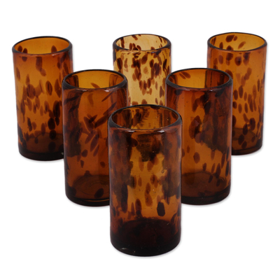 Handblown tumblers, 'Tall Tortoise Shell' (set of 6) - Six Water Glasses Handblown Recycled Glass Drinkware Mexico
