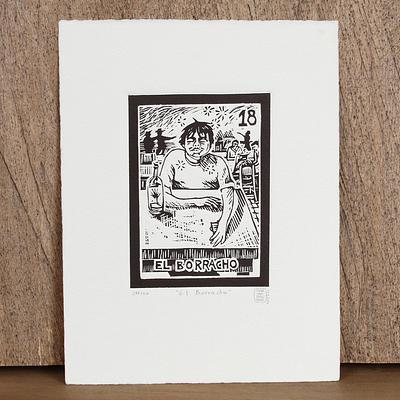 'The Drunk, Tequila Lotto' - Mexico Folk Art Theme Signed Black and White Etching
