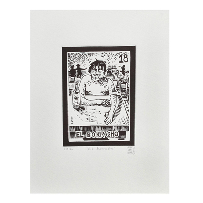 'The Drunk, Tequila Lotto' - Mexico Folk Art Theme Signed Black and White Etching