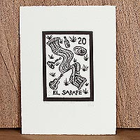 el sarape, tequila loto - Impresión de pintura en blanco y negro firmada con tema de arte popular de México