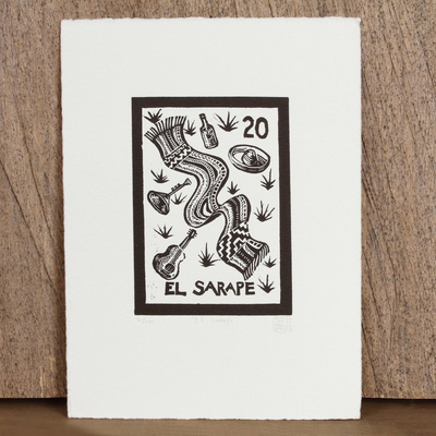 'The Sarape, Tequila Lotto' - Mexico Folk Art Theme Signed Black and White Painting Print