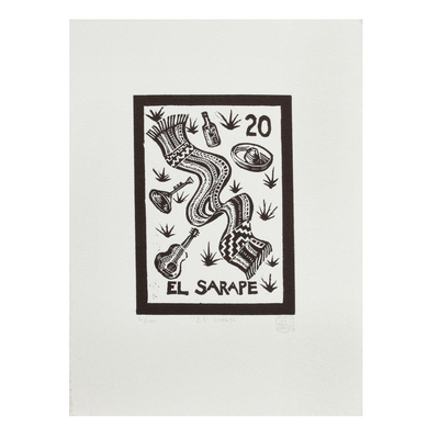 „Das Sarape, Tequila-Lotto“ - Signierter Schwarz-Weiß-Gemäldedruck zum Thema Mexiko-Volkskunst