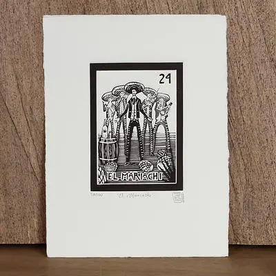 'The Mariachi, Tequila Lotto' - Mexico Music Folk Art Theme Signed Black and White Painting