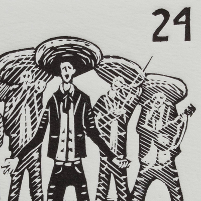 „Mariachi, Tequila-Lotto“ - Mexiko-Musik-Volkskunst-Thema, signiertes Schwarz-Weiß-Gemälde
