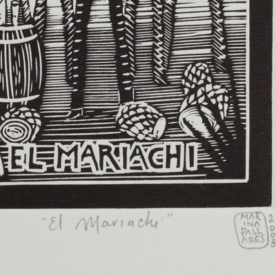'The Mariachi, Tequila Lotto' - Mexico Music Folk Art Theme Signed Black and White Painting