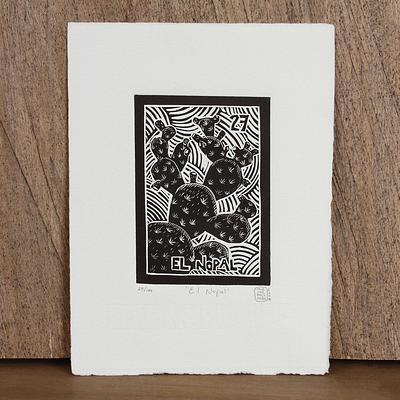 'The Cactus, Tequila Lotto' - Mexico Folk Art Theme Signed Black and White Etching