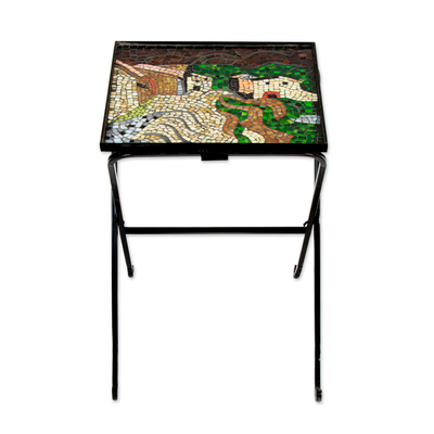 Stained glass folding table, 'Miro's Village' - Stained glass folding table