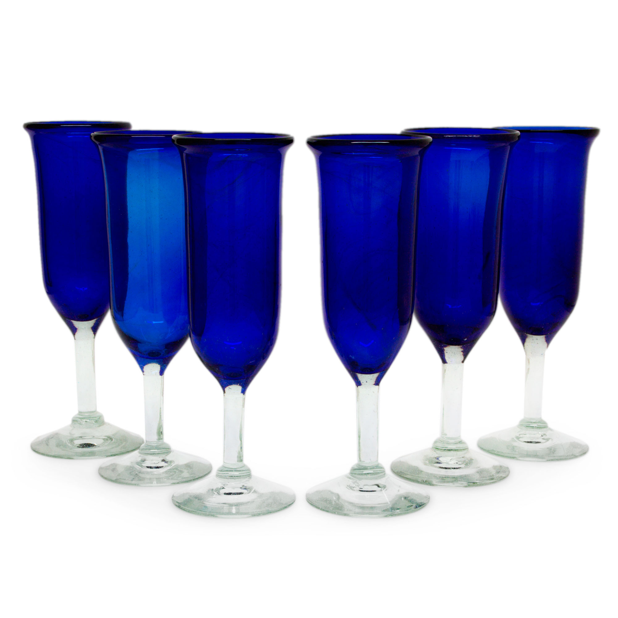 6 Handcrafted Handblown Glass Blue Champagne Glasses Set Cobalt Novica