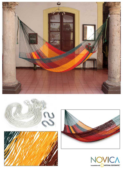 Cotton hammock, 'Red Wine Sunset' (single) - Single Mayan Rope Style Mexico Cotton Hammock