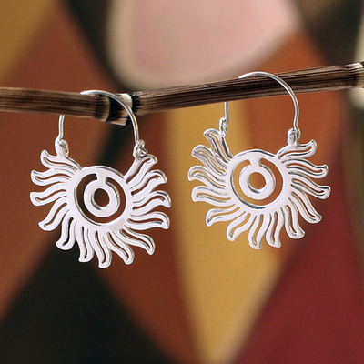 Sterling silver hoop earrings, 'Aztec Sun' - Sterling silver hoop earrings