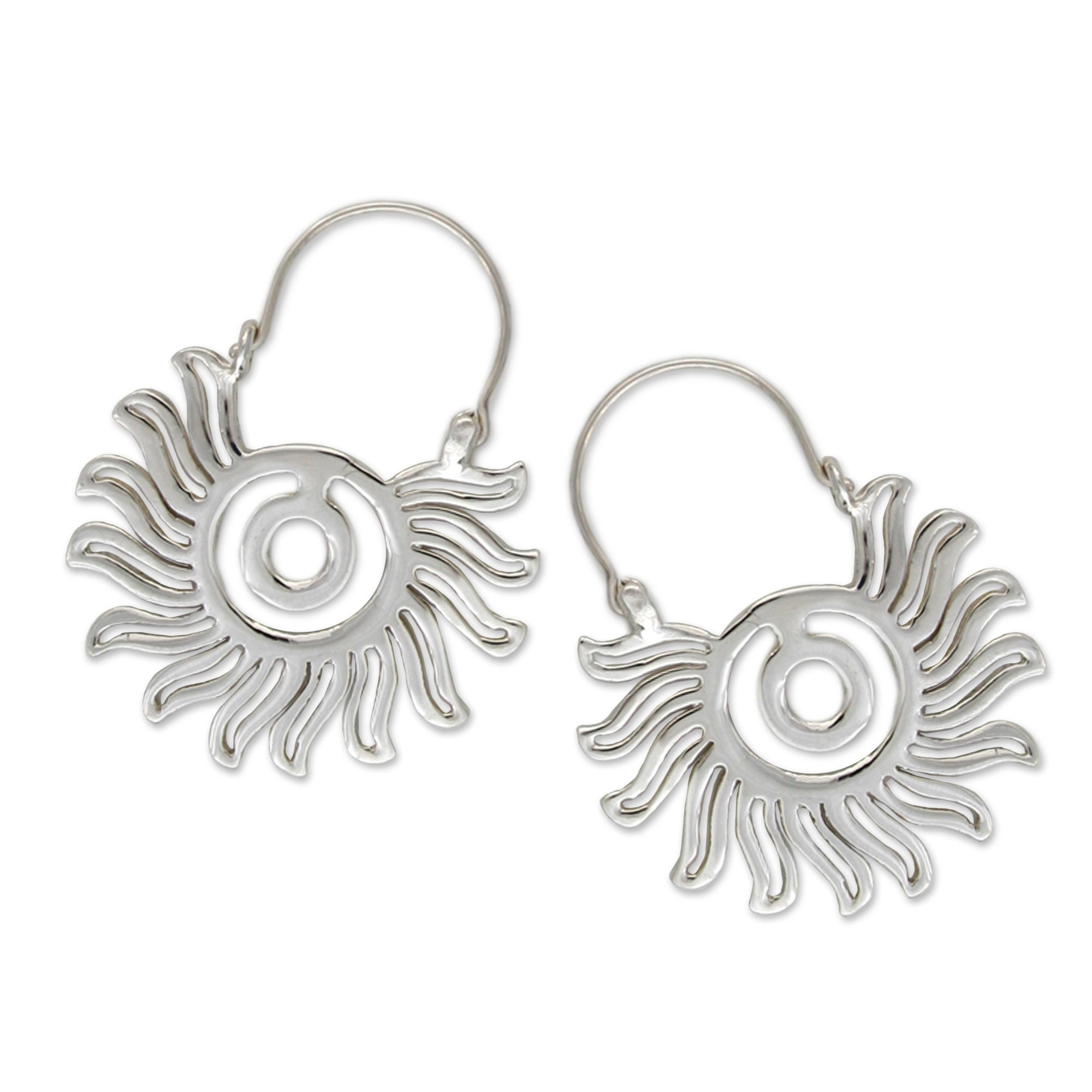 Sterling silver hoop earrings - Aztec Sun | NOVICA