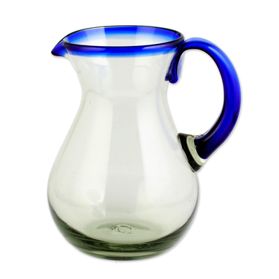 Blown glass pitcher, 'Cobalt Classic' - Artisan Crafted Pitcher Classic Mexican Handblown Glass