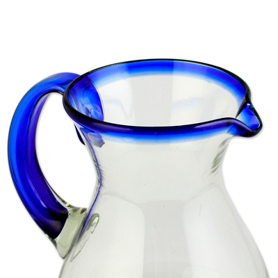 Blown glass pitcher, 'Cobalt Classic' - Artisan Crafted Pitcher Classic Mexican Handblown Glass