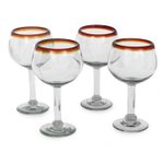 Handblown wine glasses, 'Amber Rim' (set of 4) - Fair Trade Handblown Glass Recycled Wine Glasses Set of 4