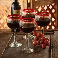 Copas de vino de vidrio soplado, (juego de 4) - Juego de 4 Copas de Vino Sopladas a Mano Transparentes con Borde Rojo Mexico