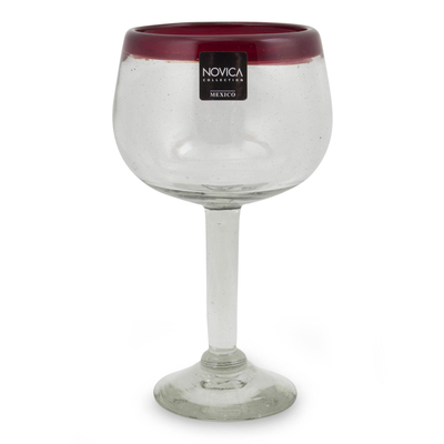 Weingläser aus mundgeblasenem Glas, (4er-Set) - Set aus 4 mundgeblasenen Weingläsern, transparent mit rotem Rand, Mexiko
