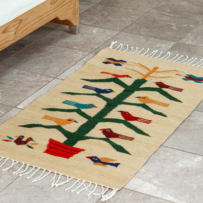 Teppich aus zapotekischer Wolle, 'Vögel und Mais'. - Kunsthandwerklich hergestellter Wollflächenteppich mit Vögeln