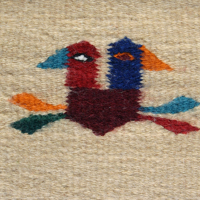 Teppich aus zapotekischer Wolle, 'Vögel und Mais'. - Kunsthandwerklich hergestellter Wollflächenteppich mit Vögeln