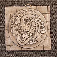 Ceramic plaque, 'Beige Chichen Itza Skull' - Ceramic Wall Plaque Maya Replica Mexico