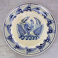 Majolica ceramic plate, Blue Rooster