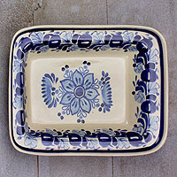Majolica ceramic plate, 'Colonial Bouquet' - Blue Majolica Ceramic Platter Handmade in Mexico